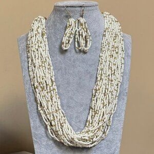 Multi Strand White and Gold Glass Seed Bead Necklace Earring set